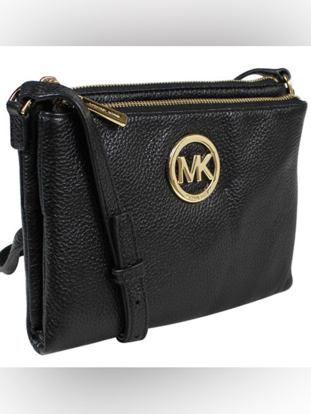 Michael Kors Black Leather Crossbody Purse Fulton Pebbled Gold Hardware Bag